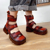 Leather Women Shoes Square Toe Hollow Out Platform Boots-BS01020-Veeddydropshipping